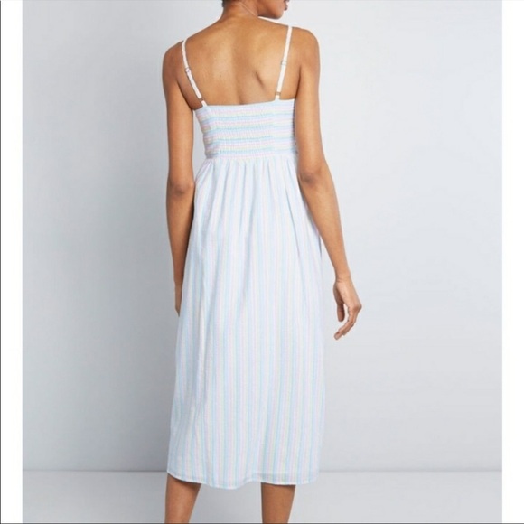 ModCloth Clearly Charisma Pastel Multicolor Stripe Smocked Button Midi Dress - Picture 3 of 7
